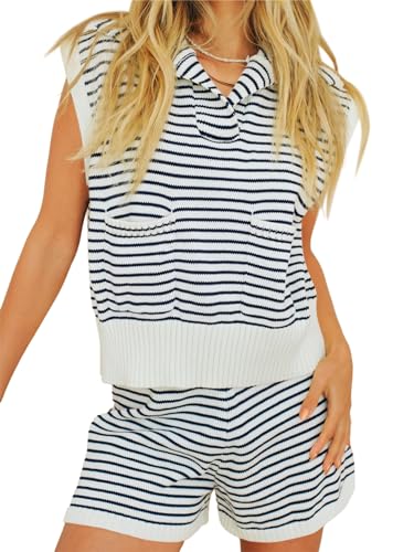 Image of Imily Bela Womens 2 Piece Outfits Sweater Sets Striped Knit Sleeveless Pullover Top Shorts Lounge Set