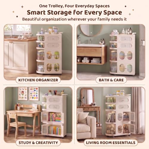 Image of StarAndDaisy Baby Storage Trolley with Wheels, 4-Tier Plastic Nursery Organizer with Drawers, Multipurpose Storage Rack for Baby Essentials, Diapers, Clothes, Toys (Off-White, Storage Cart)