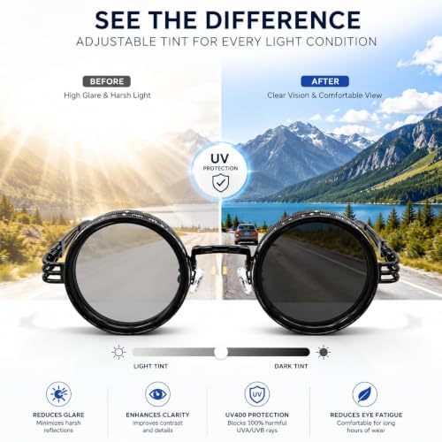 Image of Adjustable Tint Polarized Round Sunglass with Stepless Adjustable Sunglasses for Men,1-9 Gears Beach Sunglasses - Eyewear with Adjustable Lens.