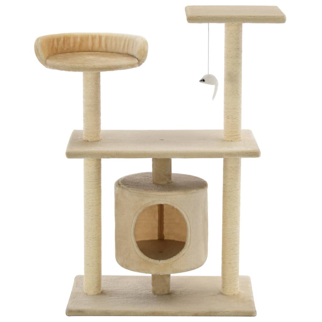 Rascador para gatos con tronco rascador de sisal, 95 cm, color beige | Zona de juegos para gatos de varios pisos con cueva, plataformas de observación y cuerda de sisal.