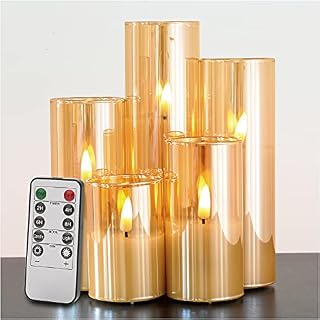 Eywamage 5 Pack Gold Glass Flameless LED Candles with Remote, Flickering Realistic Slim Tall Battery Christmas Candles D 2" H 3" 4" 5" 6" 7"