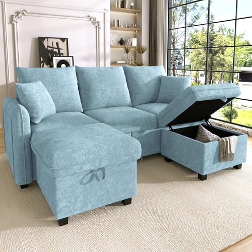 Yihomfy Canapé d'angle Convertible 3 Places avec Rangement, Canapé Modulable en Chenille avec 2 Poufs Coffres et 2 Tiroirs, Canapé en U Transformable en Lit de Salon Moderne pour Petit Espace, Marron