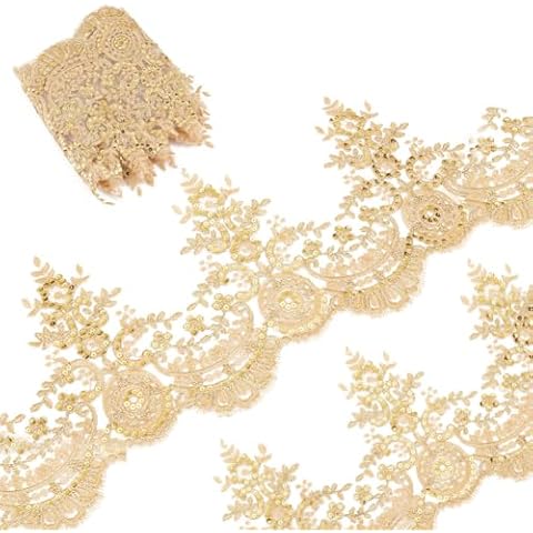 GORGECRAFT 3 Yards 9 Inches Width Sequin Flower Embroidery Lace Ribbon Metaillic Venice Edging Trimming Applique Sewing Lace Trim Floral Lace Crown Edge for Fabric Embroidered Wedding Bridal(Golden) Cover