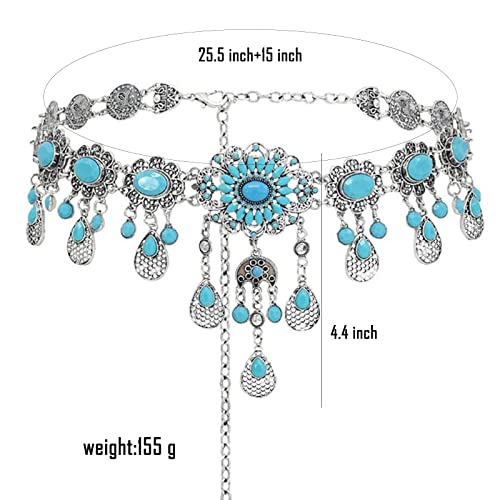 Vintage Flower Turquoise Chain Belts Silver Pear coin Pendant Metal Waist Belt Western Body Jewelry for for Women Dress Vest Jeans for Waistline 25-45inch (Silver Plated)4