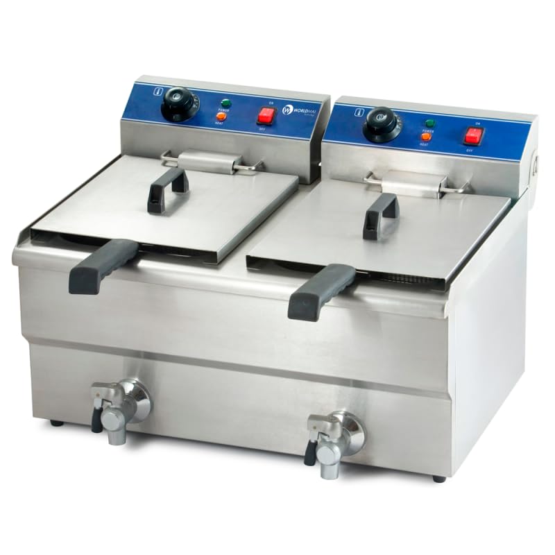 MBH - Freidora de sobremesa eléctrica con grifo de vaciado profesional doble de 26 litros en acero inoxidable para cocina industrial de bar, restaurante y hostelería.