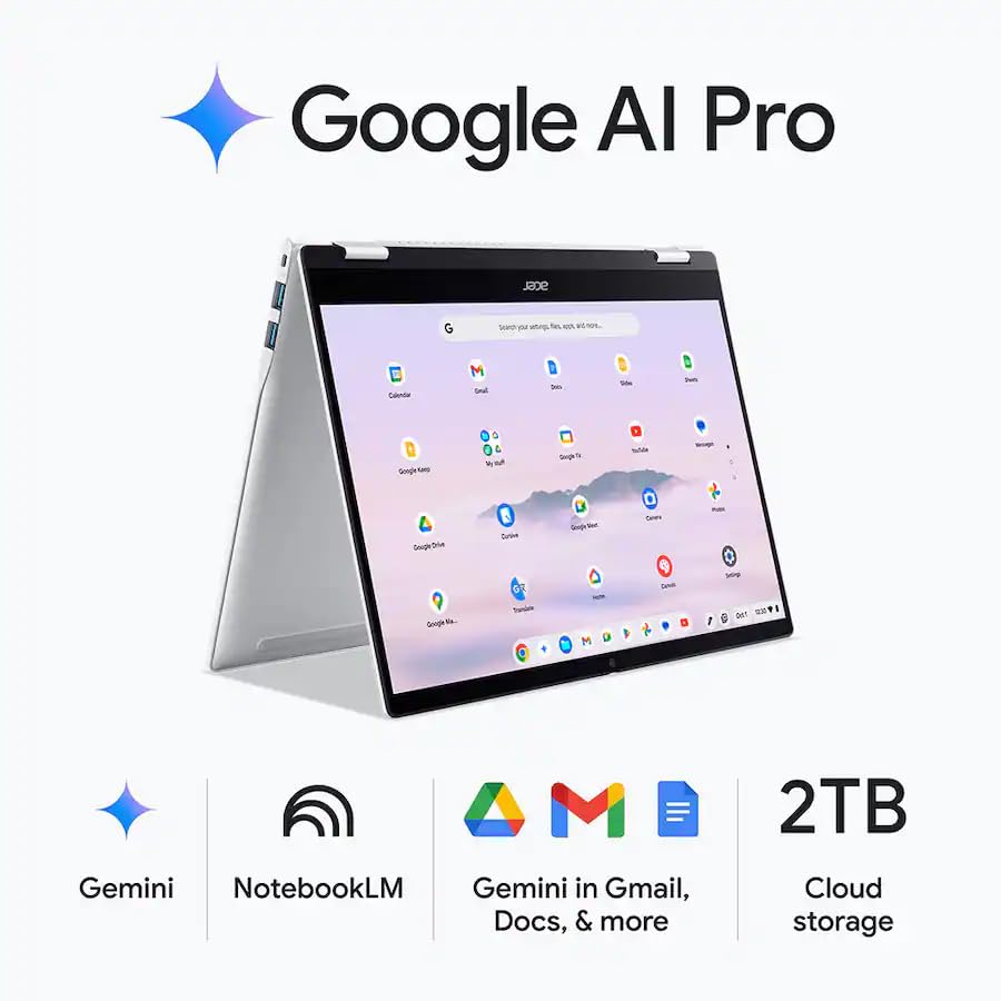 Image of Acer Chromebook Plus Spin 514 Laptop | 14 inch WQXGA Touchscreen | MediaTek Kompanio Ultra 8-Core Processor, 16GB RAM, 256GB SSD | Wifi7, Fingerprint Reader, Backlit Keyboard | Chrome OS-Silver