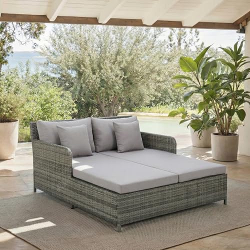 SAFAVIEH Outdoor - Cadeo Daybed - Grey & Grey - Steel Frame with Cushion - Deep-Seat Resort Design with Pillows - Ideal for Patio, Deck, Poolside, Backyard (PAT7500B)