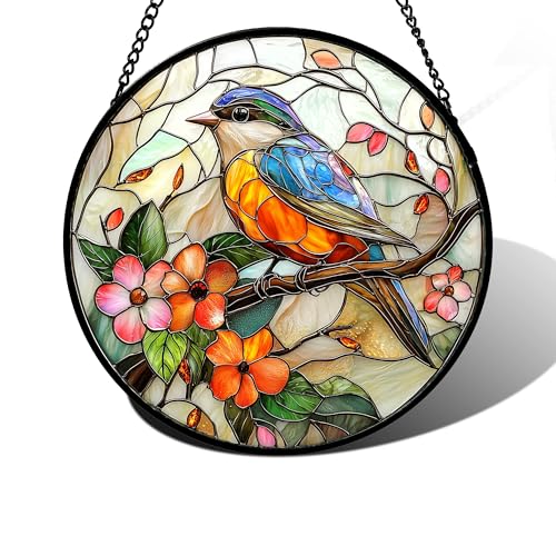 DASTOLL Stained Glass Window Hanging Blue Bird Pink Flower Suncatcher Diamond Glass Panel Bird Sun Catchers Decor for Birthday for Women Men Wife Aunt and Mom 6.3 in