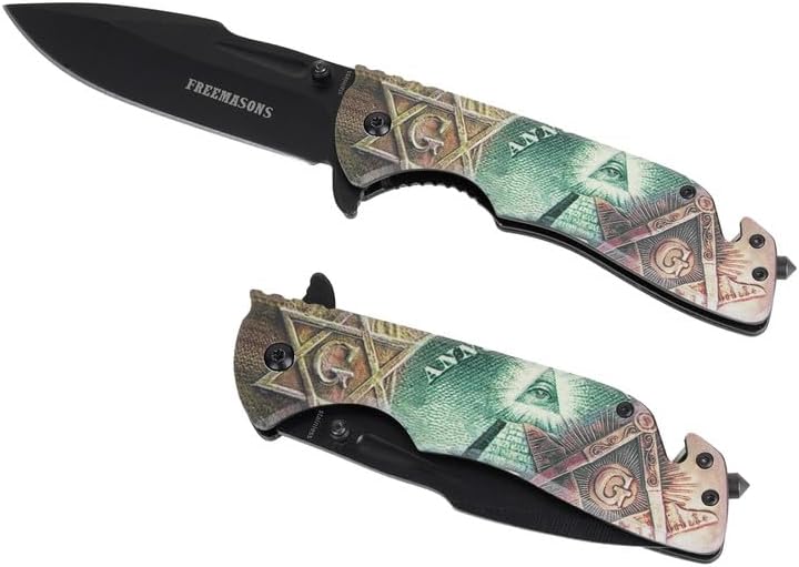 Cuchillo de bolsillo masónico plegable, cuchillo de bolsillo de hoja de acero inoxidable de 5.00 pulgadas con impresión masónicaMango de acabado