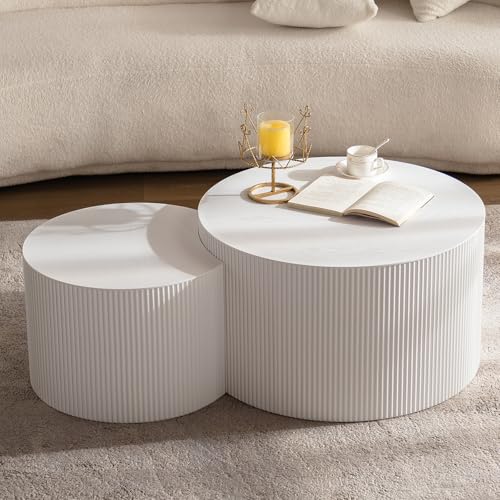Nesting Coffee Table Set of 2 Round Fluted Coffee and End Table Sets Wooden Drum Side Table Modern Minimalist Center Tables for Living Room Small Spaces,Crescent,D27.5 + D19.6