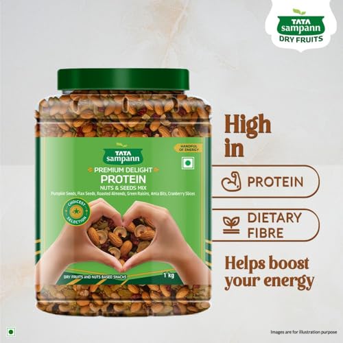Image of Tata Sampann Premium Delight Protein Nuts & Seeds Mix, 1kg, Protein Trail Mix, Mixed Dry Fruits, Roasted Almonds, Pumpkin and Flax Seeds, Green Raisins, Amla Bits, & Cranberries Slices, Reusable Jar