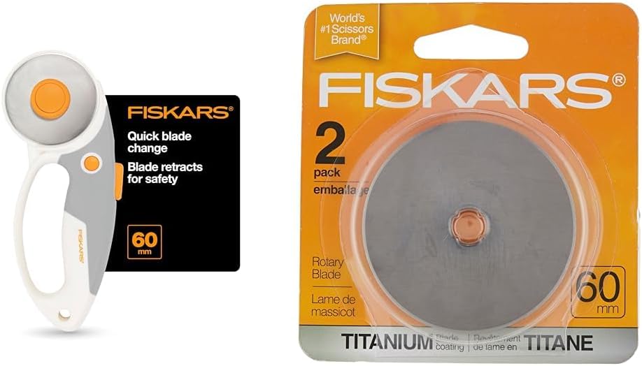 Fiskars 60mm Rotary Cutter Bundle - Titanium Rotary Cutter and 2 Replacement Blades - Craft Supplies for Sewing, Quilting, and Fabric Projects