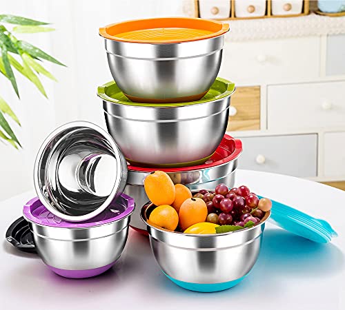 Teamfar Mixing Bowls, Stainless Steel Mixing Bowls With Lids, Nesting Salad Bowls With Air-Tight Lids & Non-Slip Bottom, Dishwasher Safe & Stackable, Set Of 6 - 4.6 / 2.6 / 2 / 1.5 / 1 / 0.7 Qt #TOP4