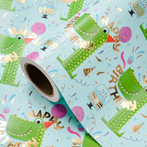 WRAPAHOLIC Dinosaur Wrapping Paper Roll - Mini Roll - 17 Inch x 16.5 Feet - Gold Foil Happy Birthday Dinosaur Design for Kids Girls Boys Birthday, Baby Shower