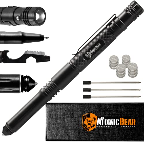 Tactical Pen – Self Defense Pen & Multi-tool Pen – Flashlight Survival Pen for Men & Women – Tactical Gear & Gift – Military EDC Pen + Glass Breaker + Bottle Opener – 3 Ink Refills + 12 Batteries