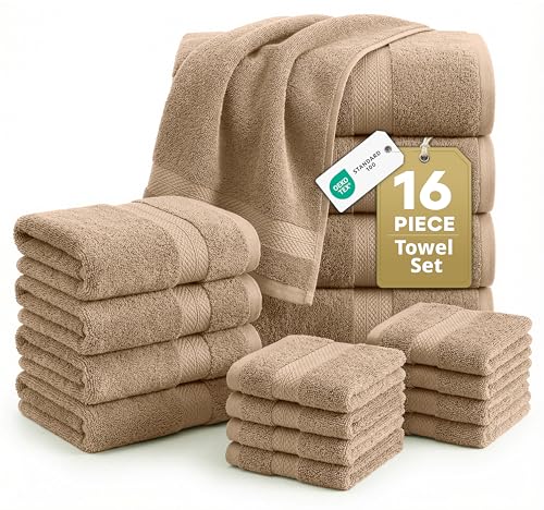 Image of LANE LINEN 100% Cotton Towels Set - 16 Piece value pack - Soft, Absorbent & Durable - 4 Bath, 8 Washcloths, 4 Hand Towels for Bathroom - Ideal for Home, Spa & Gym - Quality You Can Trust - Taupe