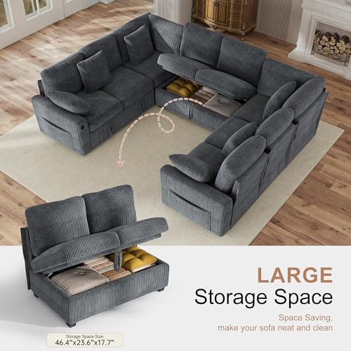 Image of Hanherry Sectional Sofa with Pull Out Couch Bed,8 Seat Corduroy Sleeper Sofa with 2 Seat Storage & USB Charging,Comfy Modular Couches for Living Room,Apartment