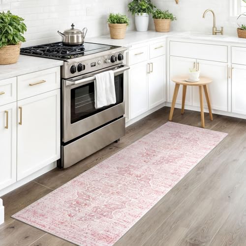 KUTA Vintage Washable Runner Rug, 2x6 Pink Runners for Hallways Non-Slip Floral Kitchen Rugs Ultra Soft Printed Distressed Floor Carpet for Laundry Bedroom Living Room Nursery