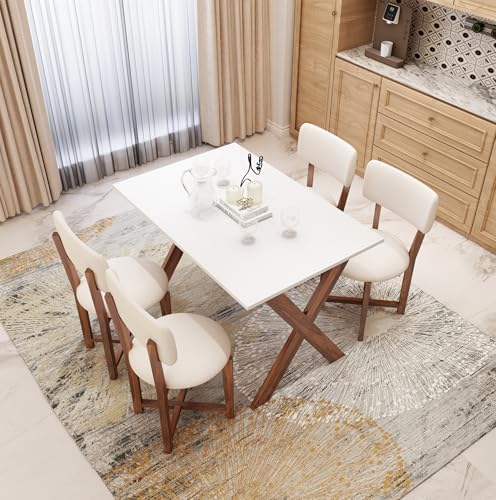Image of Sheesham Wood 45 inch Inch Dining Table 4 Seater | Marble Finish Four Seater Dinning Table Set with 4 Upholstered Dining Chairs | Table: Criss Cross Design | Chair: Premium Round Edge | Rosewood, Honey