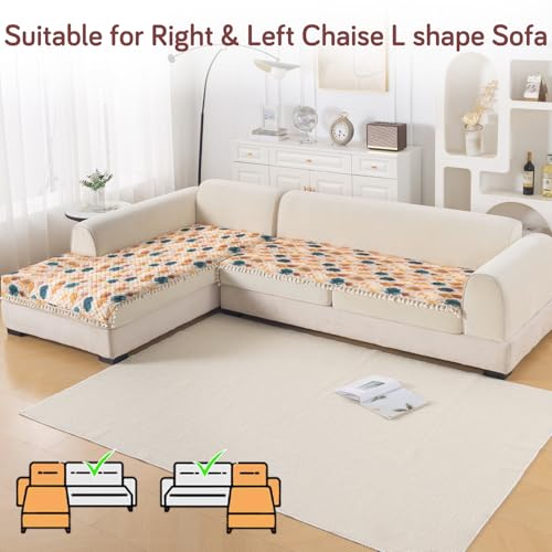 Image of HOKIPO Boho Wildflower L Shape (3+3 Seater) Sofa Seat Mat with Tassel| Quilted Sofa Cover Mat, 'Tassel Twigs' Series (IN-986-T11*2)