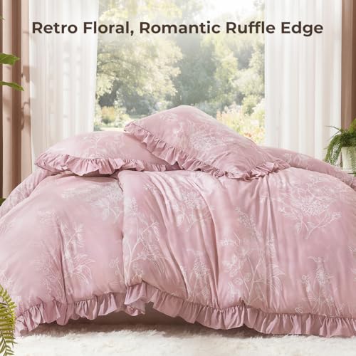 Image of Litanika Grayish Pink Full Comforter Sets, 3 Pieces Ruffle White Floral Farmhouse Bedding Comforter Sets, All Season Soft Lightweight Fluffy Microfiber Bed Set(79x90In Comforter, 2 Pillowcases)