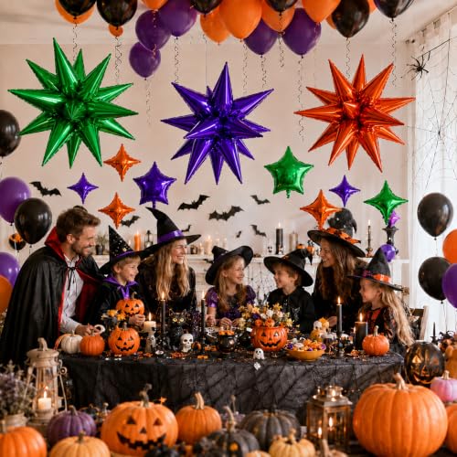 Image of Star Balloons Halloween Balloon Purple Orange Green Explosion Stars Balloon | 22 /18 /10 In Metallic Orange Purple Green Spike Stars Foil Balloon for Halloween Ghost Themed Birthday Gradution Party Decor