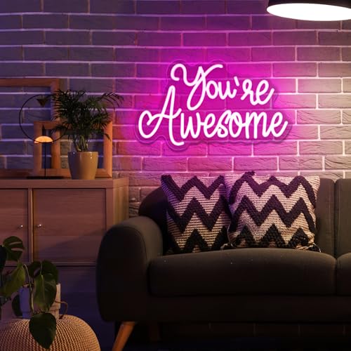 Image of You Are Awesome Neon Signs Dimmable Inspirational LED Neon Lights for Wall Decor Pink USB Positive Quotes Light up Sign for Bedroom Wedding Birthday Classroom Home Office Bar Hanging Decor