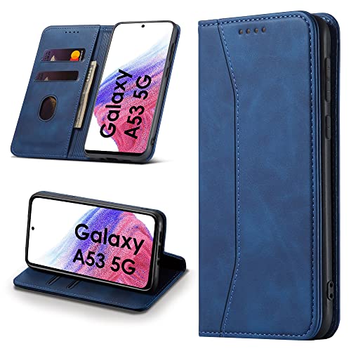 Leaisan Handyhülle für Samsung Galaxy A53 5G Hülle Premium Leder Flip Klappbare Stoßfeste Magnetische [Standfunktion] [Kartenfächern] Schutzhülle für Samsung A53 5G Tasche - Blau Cover