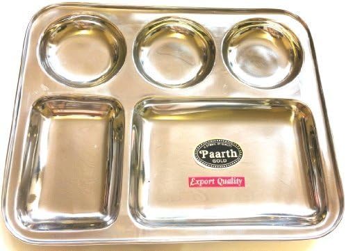 Stainless Steel Asian Authentic 5 Compartment Food Thali/Tray with 3 Round & 2 Rectangular compartments.