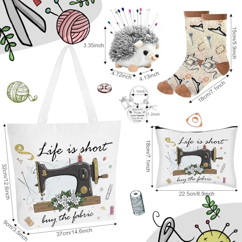 Image of VAIPI 6 Pcs Sewing Gifts for Seamstress Quilting Gifts Stuff Include 20 oz Quilting Tumbler Tote Bag Cosmetic Bag Socks Keychain Funny Gifts for Quilters Sewing Lovers, Mother's Day Gift for Mom