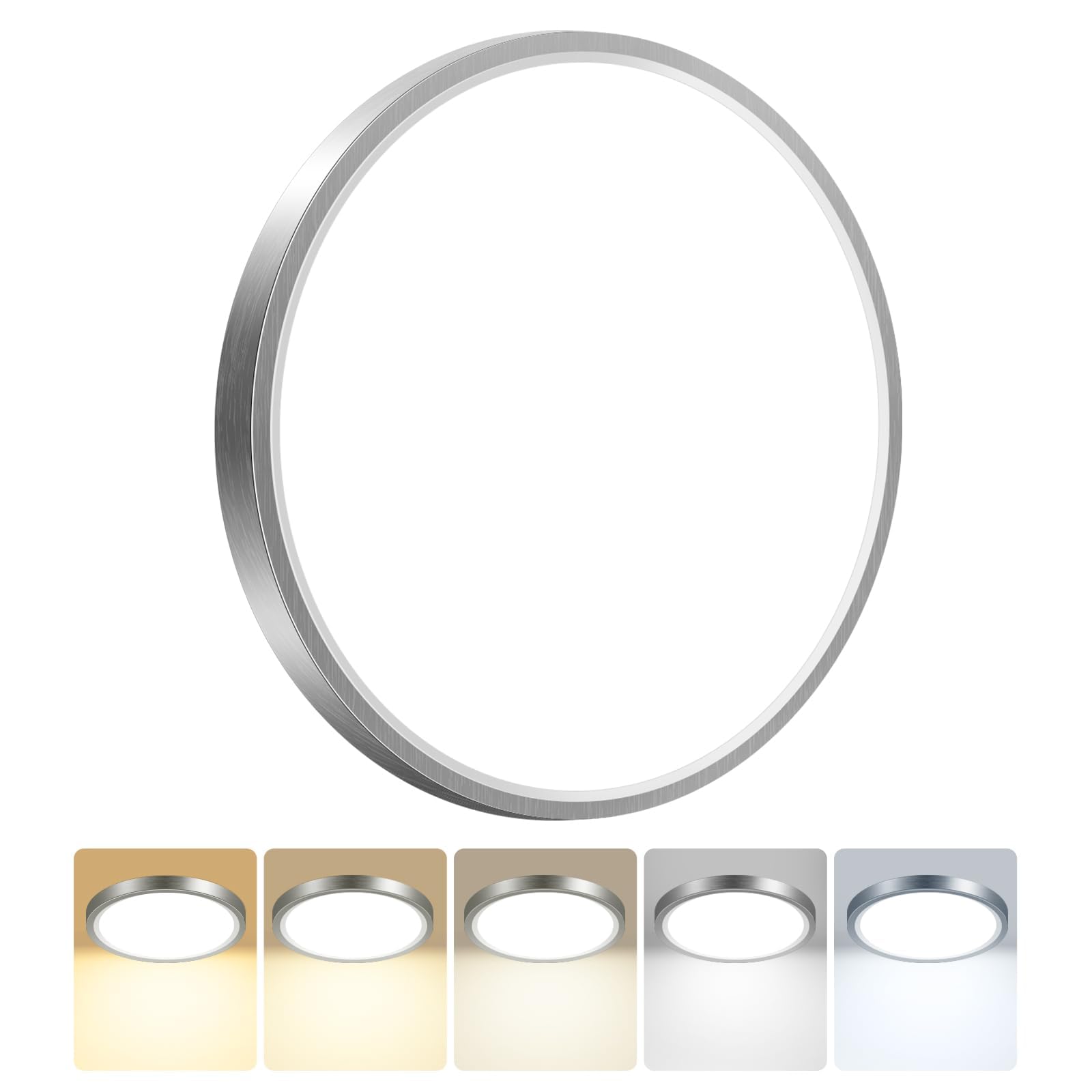 Peasur Deckenlampe LED Deckenleuchte Flach,5Farben-3000/3500/4000/5000/6500K,Wasserfest Badezimmer Lampe Decke,18W Modern Rund Lampe für bad flur schlafzimmer Wohnzimmer,30 * 1.6cm Nickel