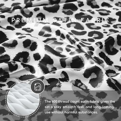 Image of MR&HM Satin Sheets with Elastic Corner Straps, Queen Size Sheets Set, 4 Pcs Silky Bedding Set with 15 Inches Deep Pocket for Mattress (Queen, White Leopard)