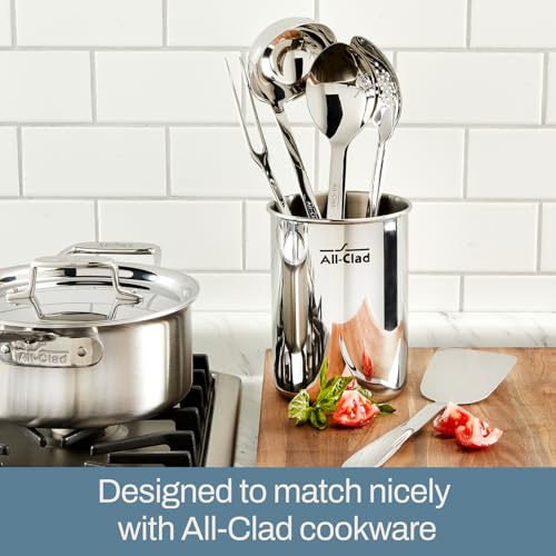 Image of All-Clad 5-Piece Stainless Steel Kitchen Utensil Set - Includes Ladle, Solid Spoon, Slotted Spoon, Turner & Storage Caddy - Heavy-Gauge, Ergonomic, Dishwasher Safe, Silver (Pack of 2)