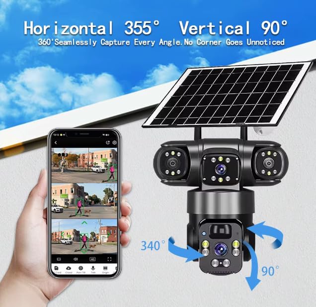 Image of DDLC 4G Solar Triple Lens 12MP Outdoor CCTV Camera | 3-Screen View | Manual Side Rotation | Auto Tracking | Human Detection |Two-Way Audio | Multi-User Access (3 Lens Solar Penal)