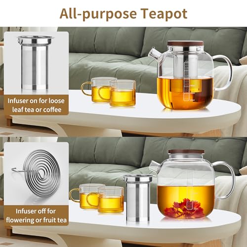 Glass Teapot with Infuser and Lid - 40oz Borosilicate Glass Teapot with Heat-Resistant Handle, Stainless Steel Mesh Infuser for Loose Leaf & Blooming Tea, Stovetop & Microwave Safe - Image 4