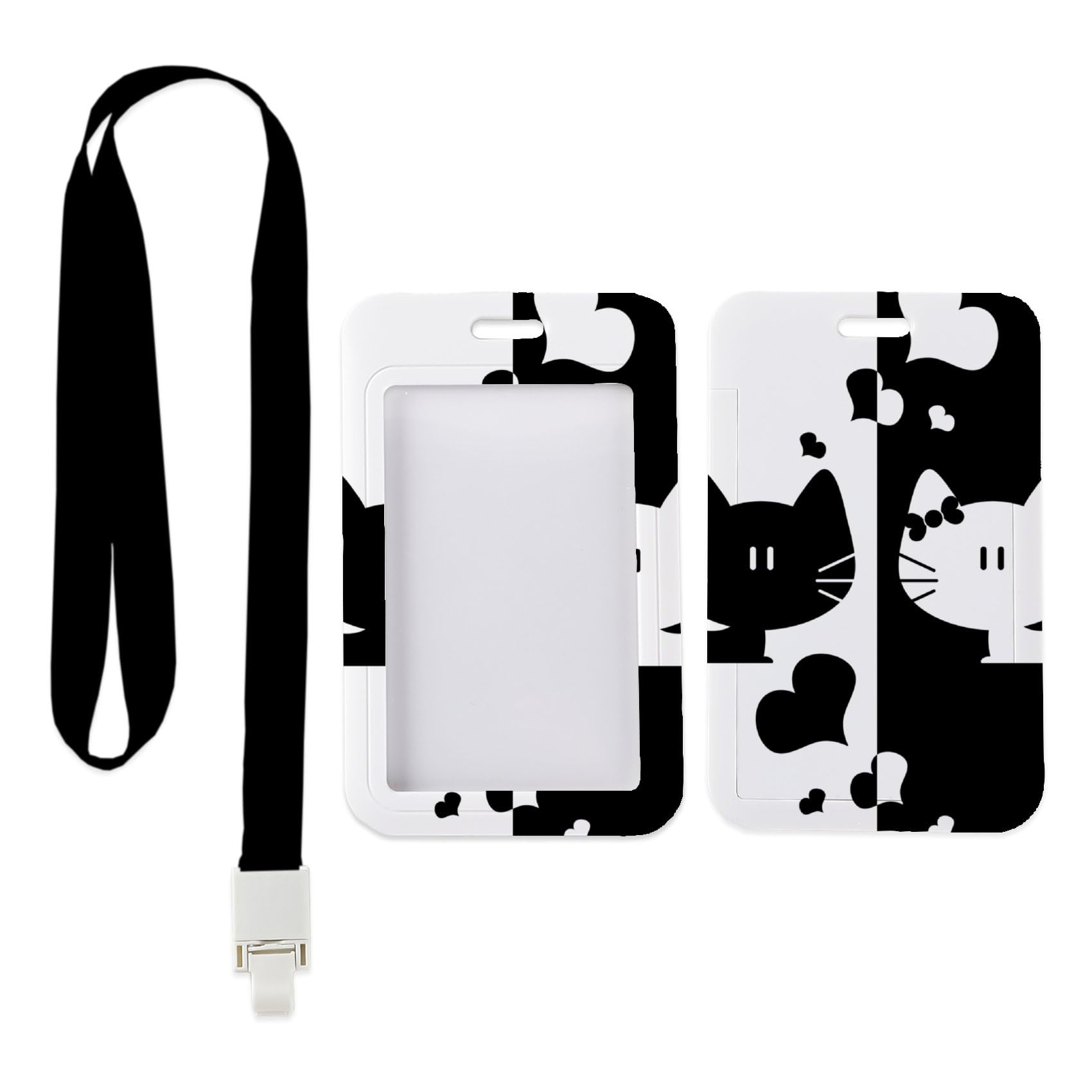 Black and White Cartoon Cats ID Card Holders with Black Lanyard, Valentines ID Badge Holders, Vertical Cards Protector for Men, Vertical Cards Protector for Driver, Paramedic Accessories Teacher Stuff — image 1