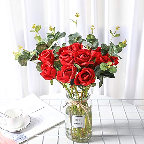 Veryhome Artificial Red Flowers Silk Roses Fake Bridal Wedding Bouquet For Home Garden Party Floral Decor 10 Pcs (Rose Bud - Red) #TOP3