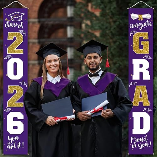 Image of Graduation Decorations 2026 Banner Porch Sign Purple Gold for Class of 2026 Graduates Party Supplies