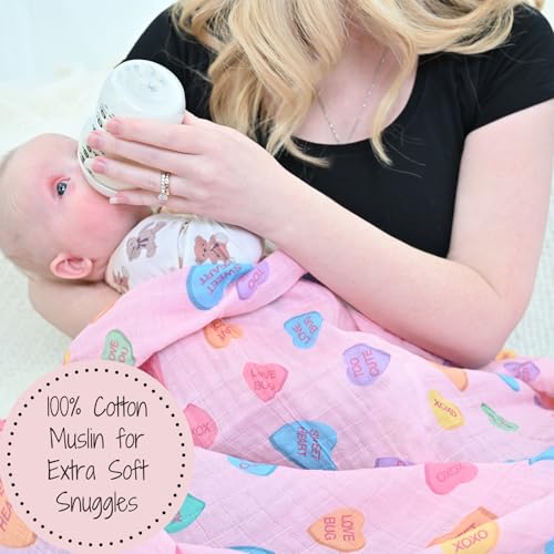 Image of LollyBanks Baby Blanket, Muslin Swaddle Blanket 100% Cotton, Soft Baby Girl Blanket 47 x 47 Inches, Nursery Swaddling Blankets for Girls, Baby Essentials, Registry (Heart /Valentine's Day Print)
