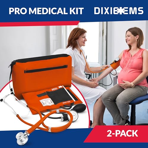 Image of Blood Pressure Monitor and Sprague Stethoscope Kit - 2-Pack, Adult Aneroid Sphygmomanometer with Dual-Head Stethoscope, Adjustable BP Cuff, Carrying Case & Accessories - Orange