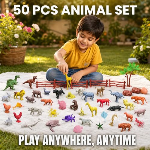 Image of ZESTHOME Kids Animal Toy Set with Farm, Wild, Sea, Bird & Dinosaur Figures | Mini Animal World Playset with Fences, Tree & Egg | Educational Pretend Play Toys for Boys & Girls 3+ | 50 Pieces