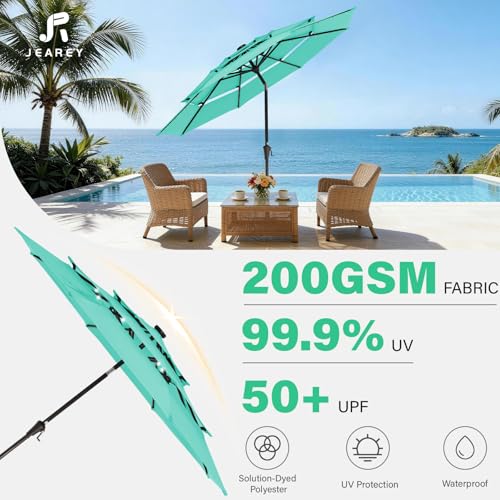 Image of JEAREY 3 Tiers Patio Umbrella with Solar Lights 9ft Outdoor Market Table Umbrellas with Push Button Tilt for Outside Pool Garden, Peacock Blue