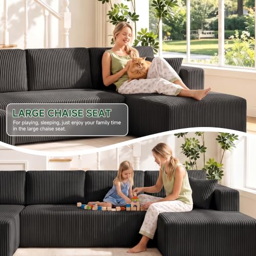 Image of 130 inch Boneless Couch U-Shaped Sectional Sofa, Black