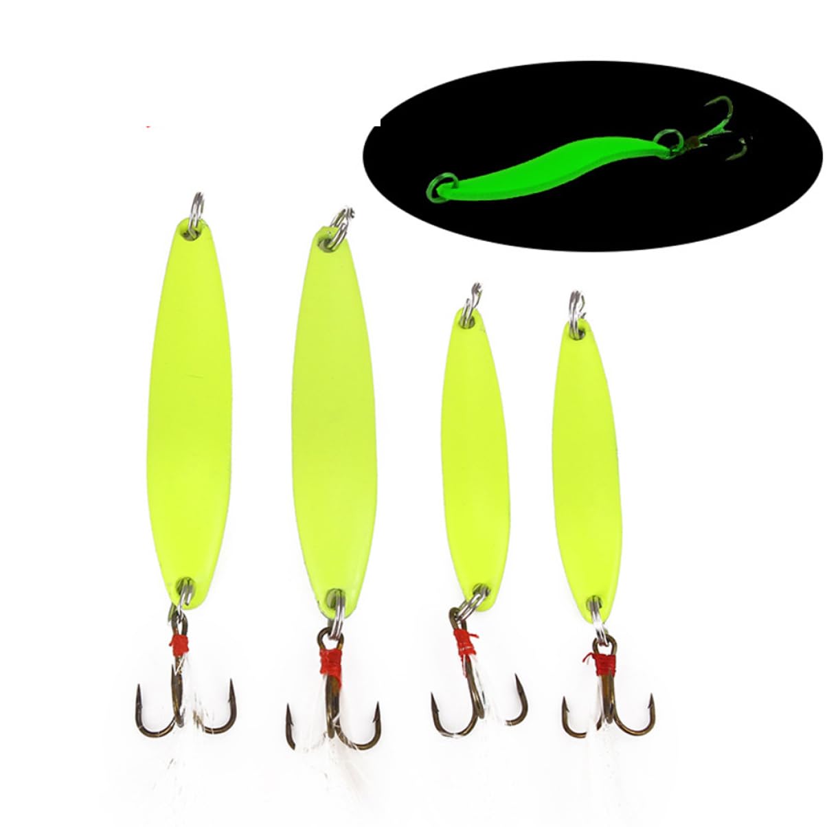 Esca da Pesca Luminosa in Metallo 12 Pezzi, 5g 7g 10g 13g | Verde Chiaro, Effetto Luminoso e Resistente, per Pesca Notturna, Adatta a Calamari e Pesci