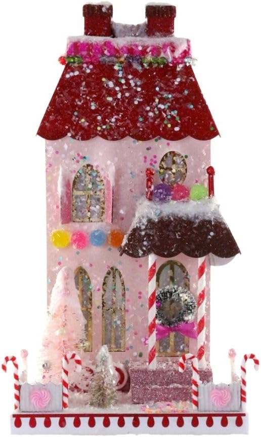 Cody Foster & Co. Candy Cane Manor Christmas House – Pink and Red Holiday Collectible Decor with Peppermint Trim, Gumdrops, and Glitter Accents – Festive Display Piece