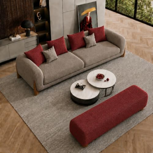 Image of Modern Boucle Sofa for Living Room Bedroom Reception and Office Wooden Polished Leg Sofa for Living Room (Taupe & Maroon, 3 Seater + Bench)