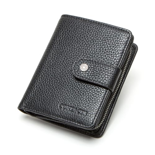 Contacts Small Bifold Wallet for Women and Men Leather Zipper Coin Purse 12 Slot Card Holder Travel Wallets with RFID Blockig (Black)