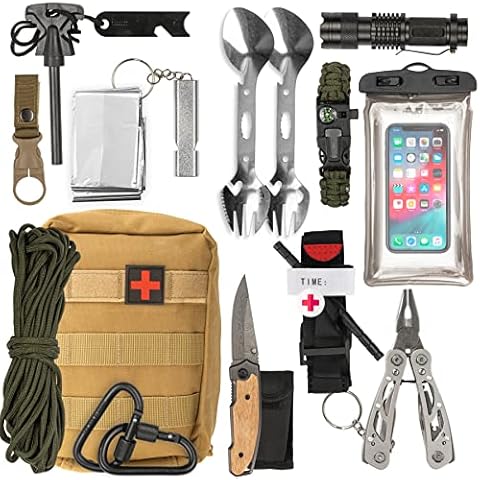 TINALAND® Survival kit - Erste-Hilfe-Kasten mit Tourniquet + Taktische Taschenlampe + Klappmesser + Rettungsdecke und -Pfeife Cover