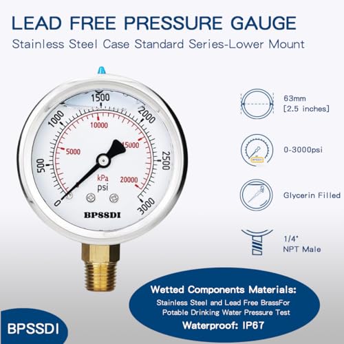 Image of 0-3000 Psi Glycerin Liquid Filled Hydraulic High Pressure Gauge, 2.5 inch Dial Size, 1 /4 inch NPT Lower Mount, 304 Stainless Steel Case, for Water Oil Air Gas Pressure Test