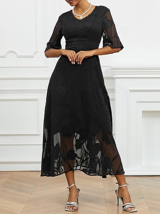 Women's Floral Mesh Midi Dress, V-Neck, 3/4 Bell Sleeves,Evening Party Dress - Image 2